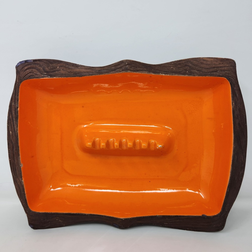Vintage Mid Century Modern Orange Faux Wood Grain Ceramic Ashtray 1010 USA